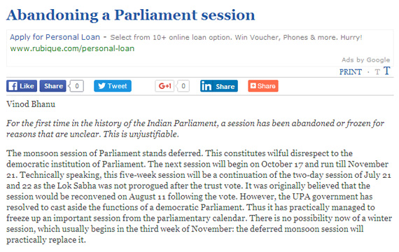 Abandoning a Parliament session (The Hindu) - Vinod Bhanu